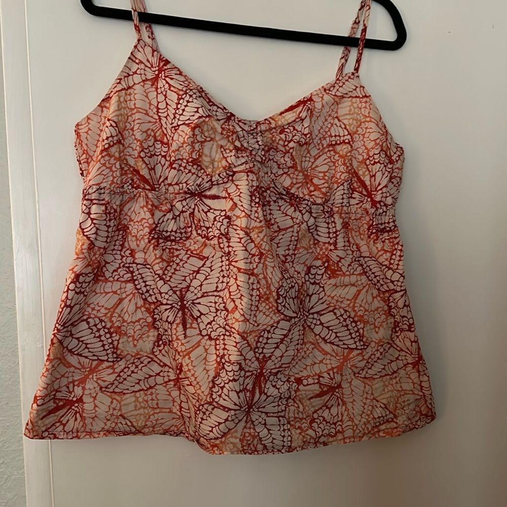 Lauren Conrad tank adjustable straps v-neck orange red cream butterfly